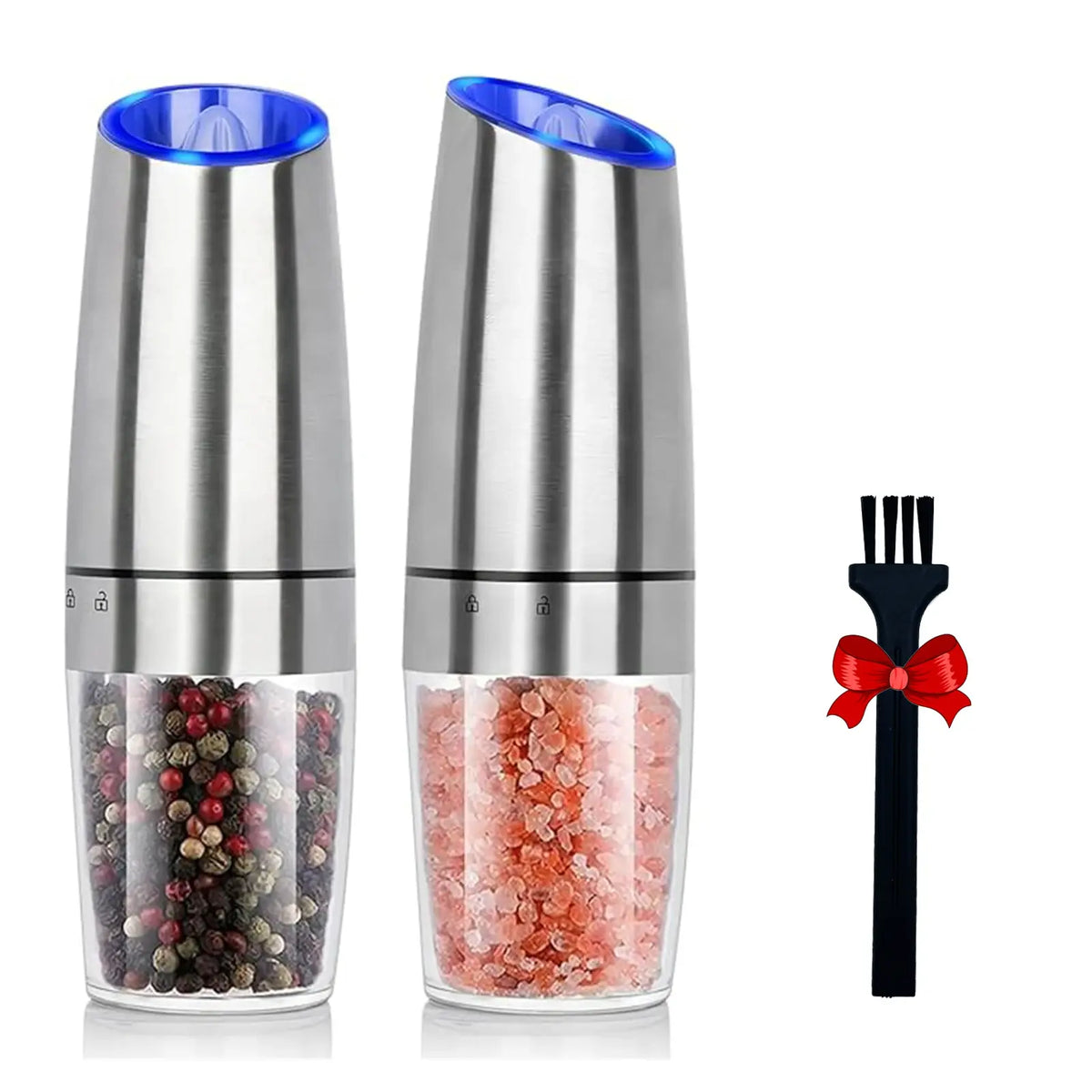 1Pc/2Pcs, Gravity Electric Salt and Pepper Grinder - Salt & Pepper Mill Sets with LED Light, One Hand Automatic Operation, Adjus