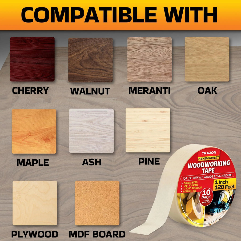 Double Sided Woodworking Tape 10 Pack 1 Inch X 120 Ft Wood Crafter Sticky Tool Two Side Adhesive for Router Templates Removable & Residue Free