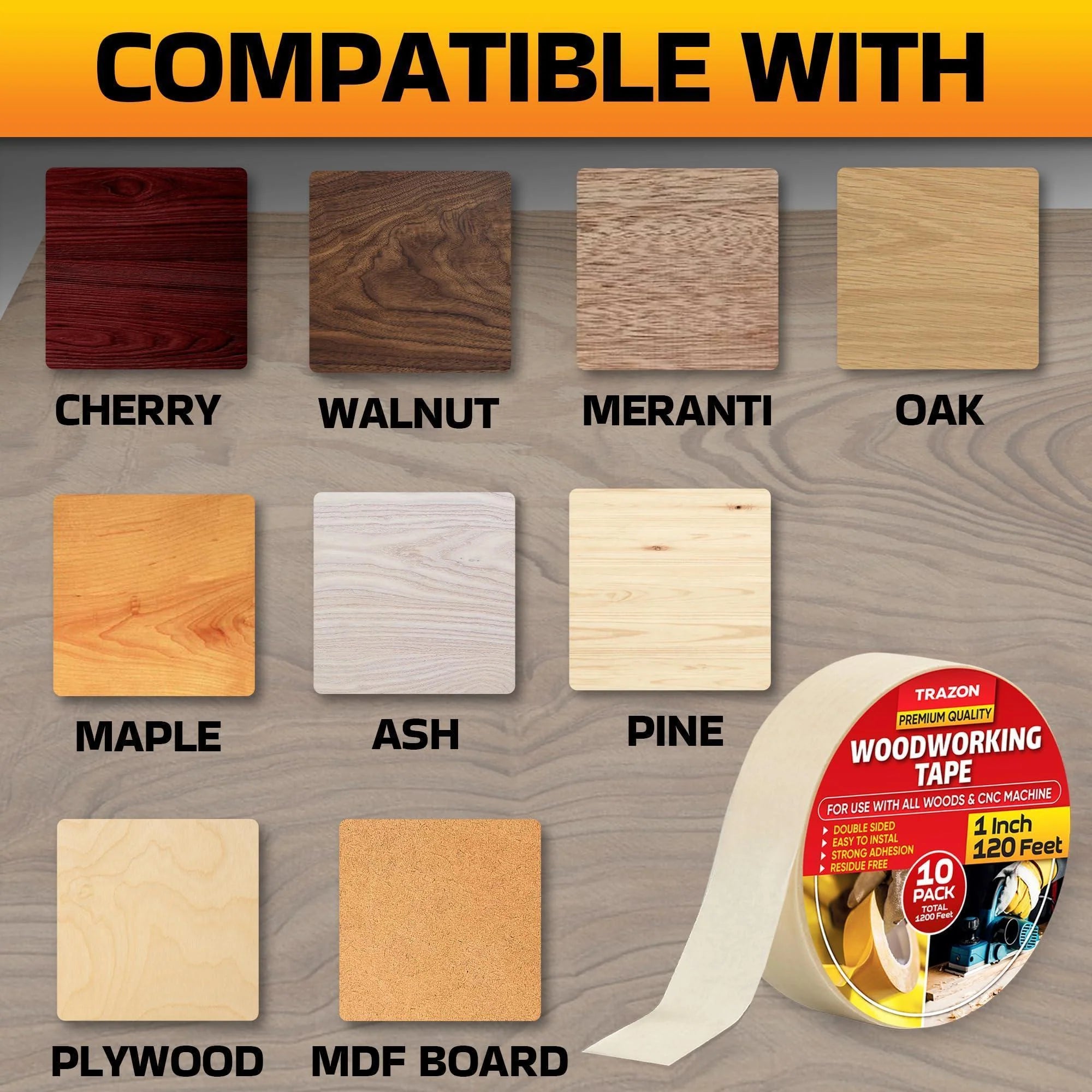 Double Sided Woodworking Tape 10 Pack 1 Inch X 120 Ft Wood Crafter Sticky Tool Two Side Adhesive for Router Templates Removable & Residue Free