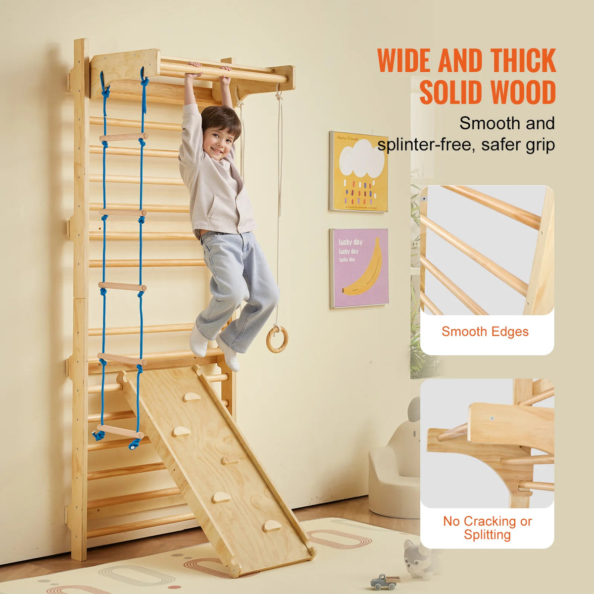 Swedish Ladder Wall Gym, 5 in 1 Wooden Indoor Playground Climbing Toys, 220 Lbs Load Capacity Swedish Wall Ladder with Pull-Up Bar, Gymnastic Rings, Wall Ladder, Rope Ladder, and Slide Board