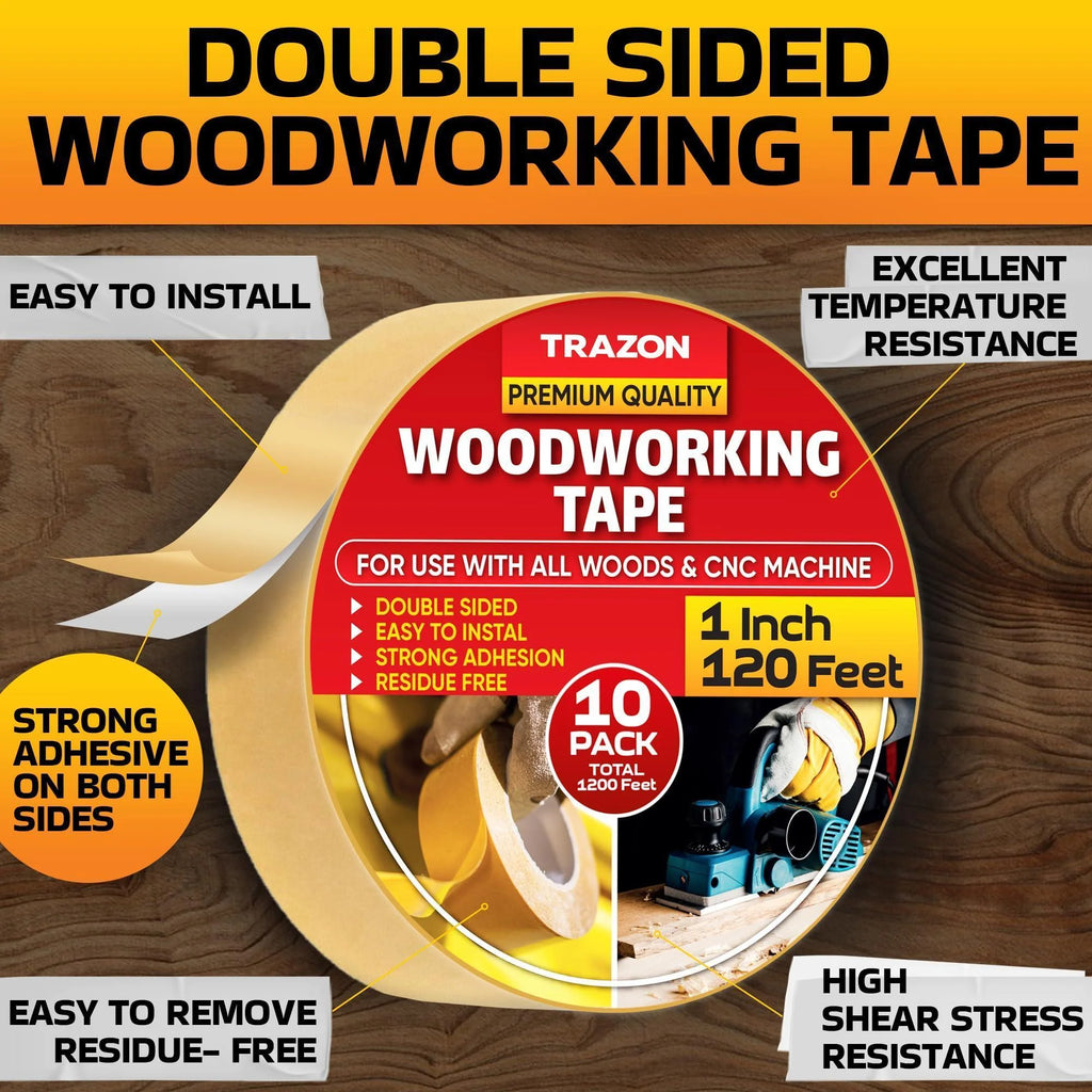 Double Sided Woodworking Tape 10 Pack 1 Inch X 120 Ft Wood Crafter Sticky Tool Two Side Adhesive for Router Templates Removable & Residue Free
