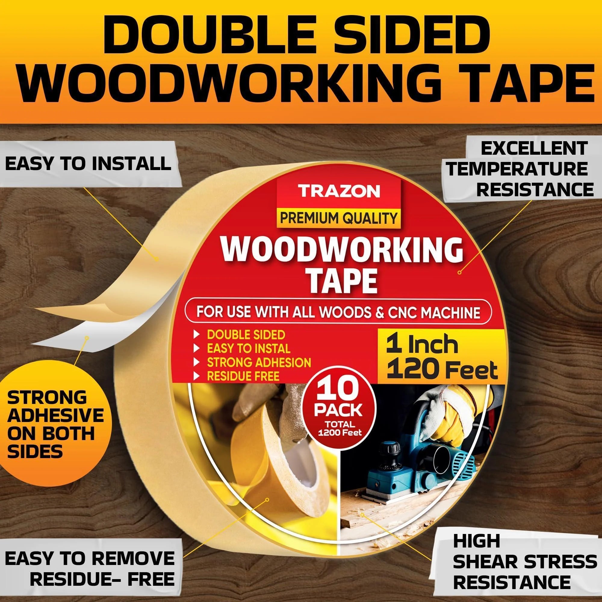 Double Sided Woodworking Tape 10 Pack 1 Inch X 120 Ft Wood Crafter Sticky Tool Two Side Adhesive for Router Templates Removable & Residue Free