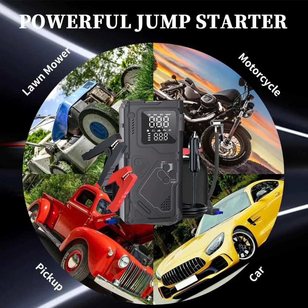 6 in 1 Jump Starter with Air Pump Peak 5000A Booster 150PSI Tire Inflator 8L Gas/4L Diesel with DC Power Cord 400LM Flashlight