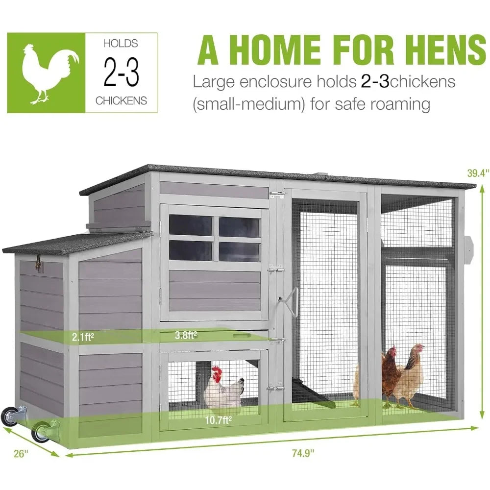 Chicken Coop Large Chicken House with Run Wooden Poultry Cage with Nesting Box, Large Opening Roof
