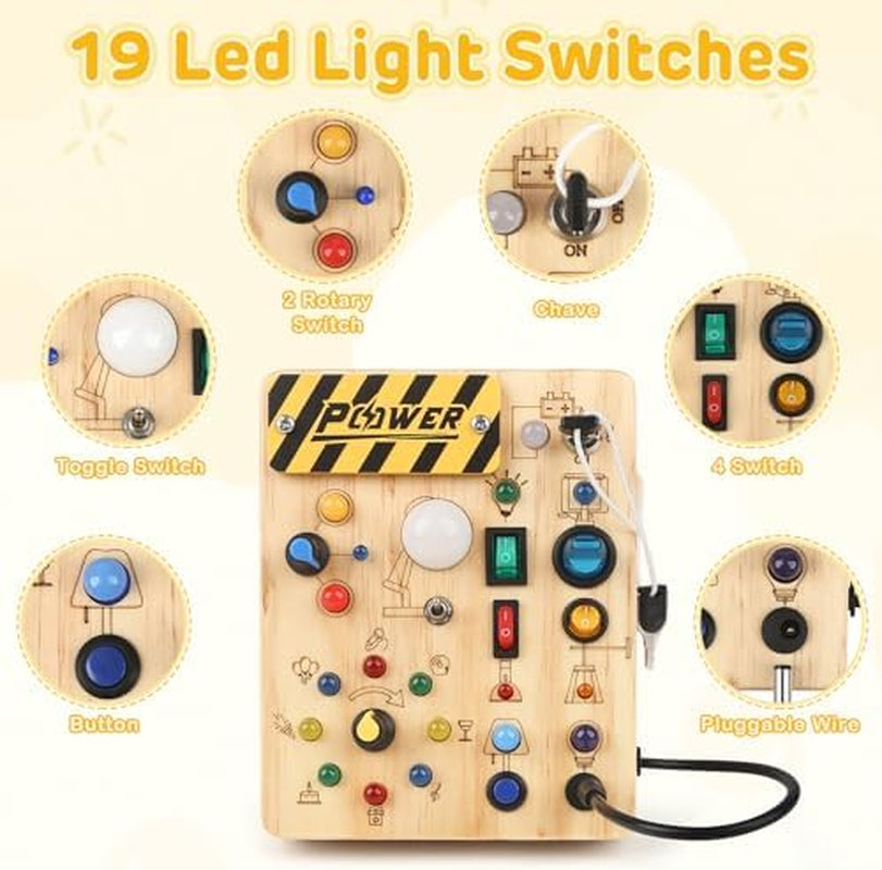 LED Busy Board for Toddlers 1-3,Montessori Sensory Toy with Key Switch and Plug, Light up Wood Activity Switch Board for Fine Motor Skills, Educational Travel Toy Gift for 1 2 3 Year Old Boys Girls