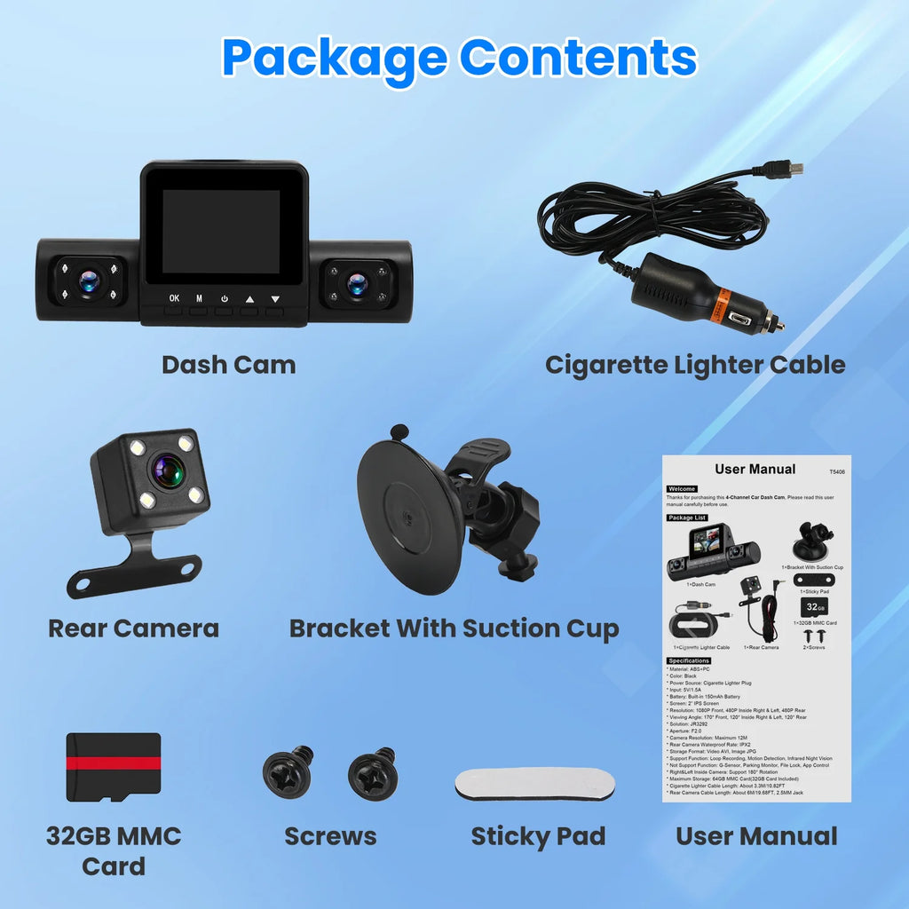 1Pc 360 Degree View FHD 4 Channel Dash Cam 1080P Front 480P Rear Left Right inside Dash Camera with IR Night Vision Loop Recording Motion Detection Free 32GB MMC Card