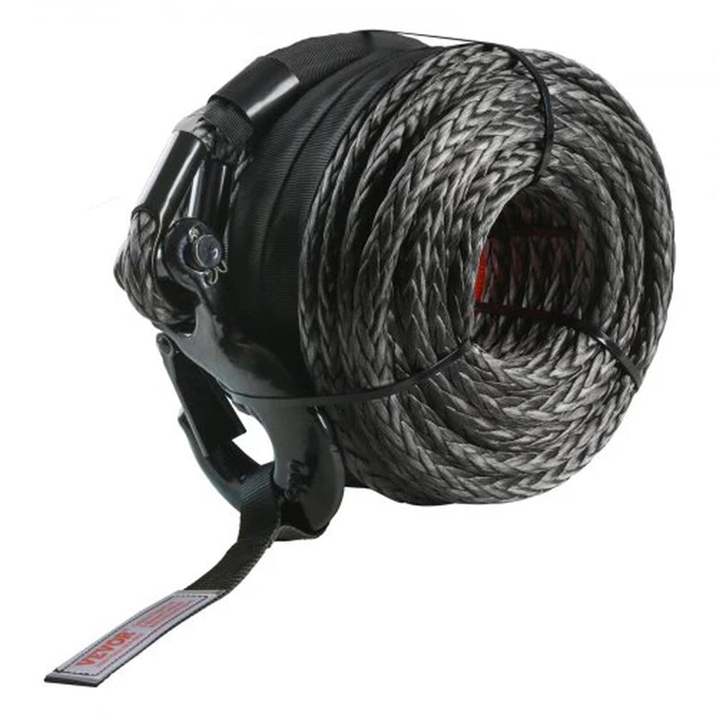 Synthetic Winch Rope, 3/8 Inch X 85 Feet 26,500 Lbs Synthetic Winch Line Cable Rope with Protective Sleeve + Forged Winch Hook + Pull Strap, Universal Fit for SUV, Large Off-Road Vehicle, Truck