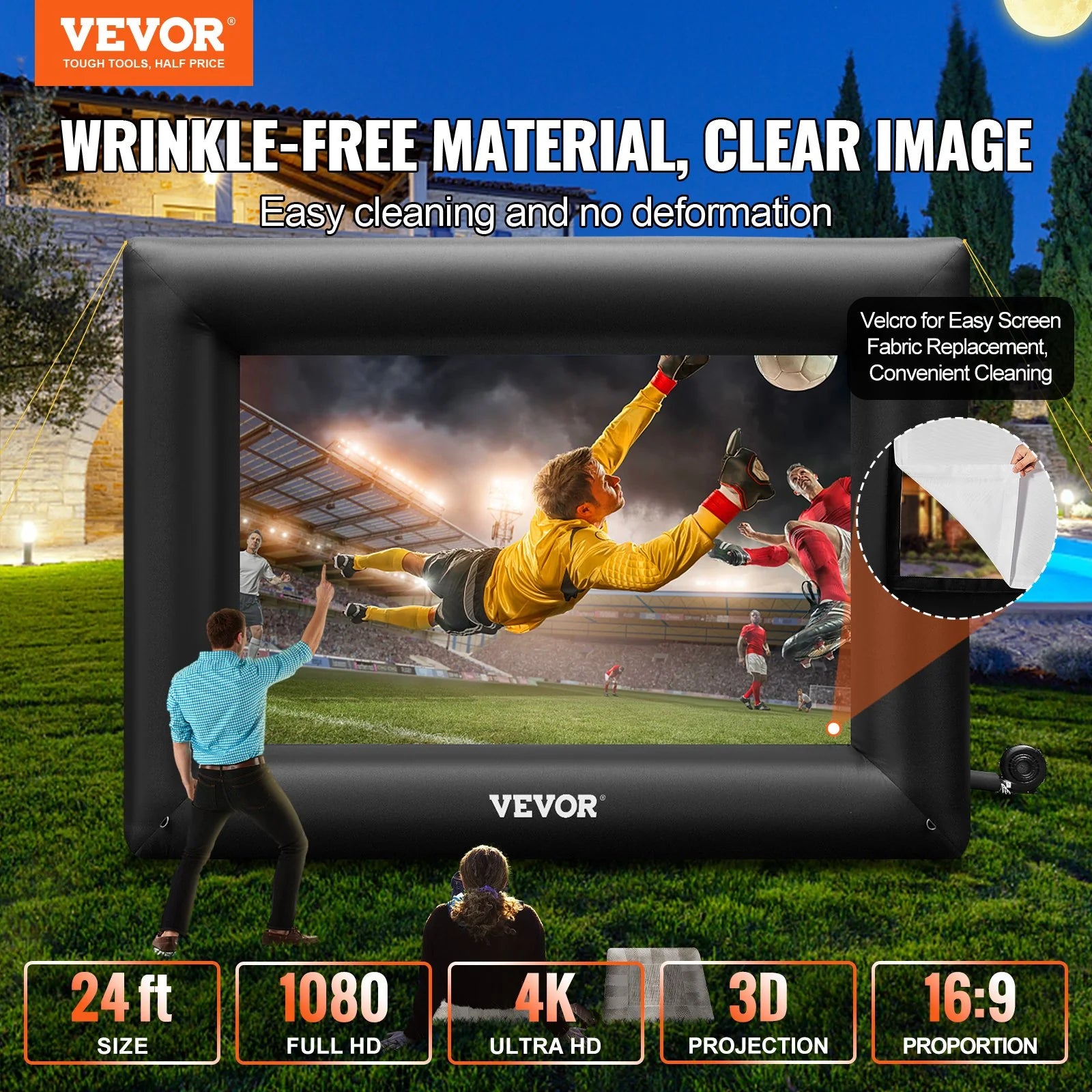 VEVOR Inflatable Movie Screen 24Ft£¨288Inch£© Inflatable Projector Screen for outside with 360W Air Blower Inflatable Screen Oxford Fabric Material Blow up Screen for Outdoor Movie Supports Front/Rear Projection