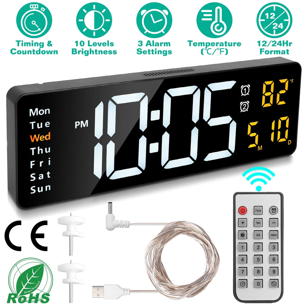 15.7In LED Digital Wall Clock with Remote Control for Home Gadget 10 Level Brightness 3 Alarm Settings 12-24Hr Format Timing Countdown Temperature Calendar Display Decorative Clock for Office Home