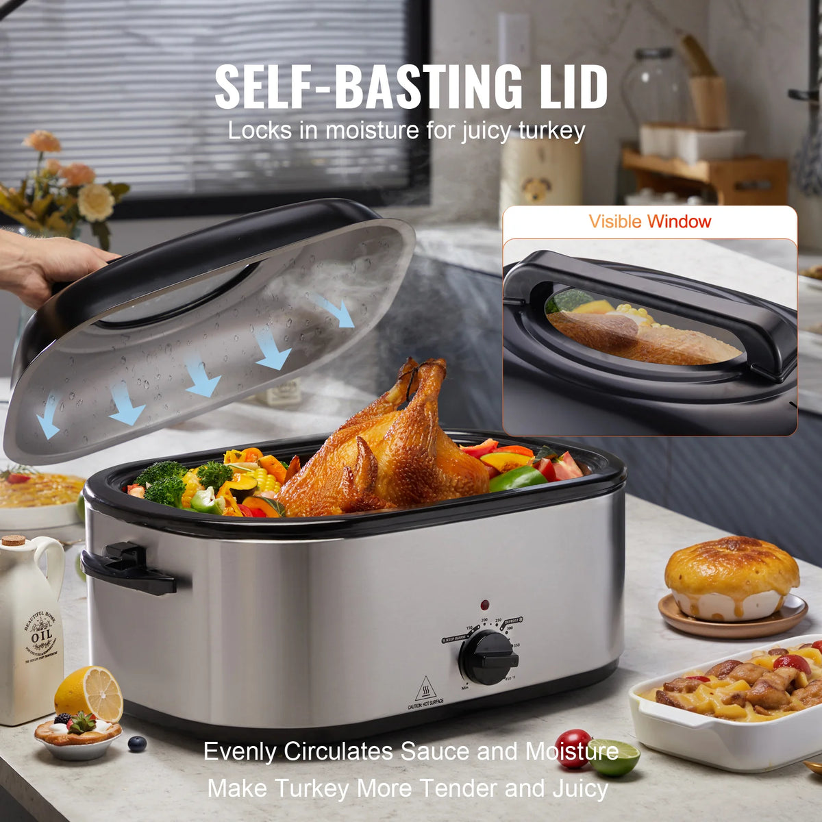 Electric Roaster Oven, 26 QT Turkey Roaster Oven with Self-Basting Lid, 1450W Roaster Oven with Defrost & Warm Function, Adjustable Temperature, Removable Pan & Rack, Fits Turkeys up to 30LBS
