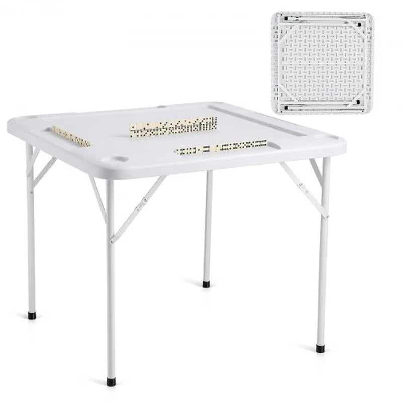 Mahjong Table, Square 4 Player Folding Card Table with 4 Cup Holders & 4 Chip Trays, Portable Domino Game Table with 1 Set of Dominoes for Mahjong Poker Puzzles, 35.4 X 35.4-Inch, White