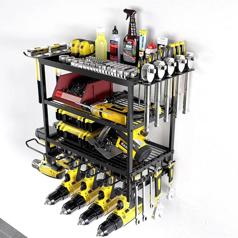Power Tool Organizer 4 Layer Wall Mounted Storage Rack with Hooks Heavy-Duty Drill Holder Garage Tools Storage Rack for Workshop