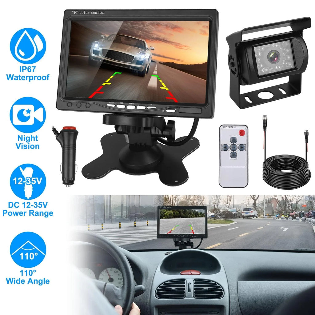 1Pc 7In Screen Backup Camera System Vehicle Rear View Monitor Kit IP67 Waterproof Car Parking Reverse System with Night Vision for Car Trunk Van SUV