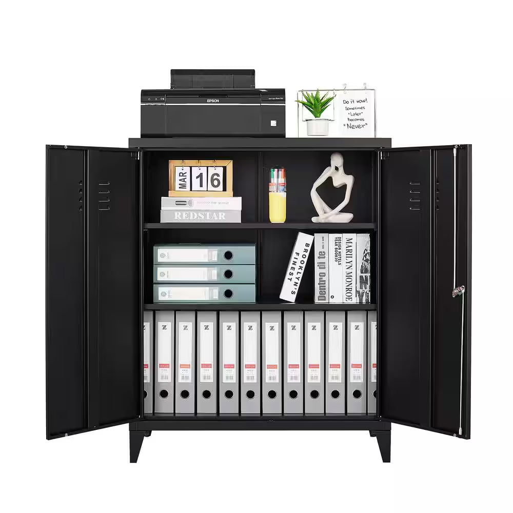 31.5 In. W 2-Shelf Locker, Lockable Home Office Storage Cabinets with 2 Doors and Shelves for Home, Office in Black