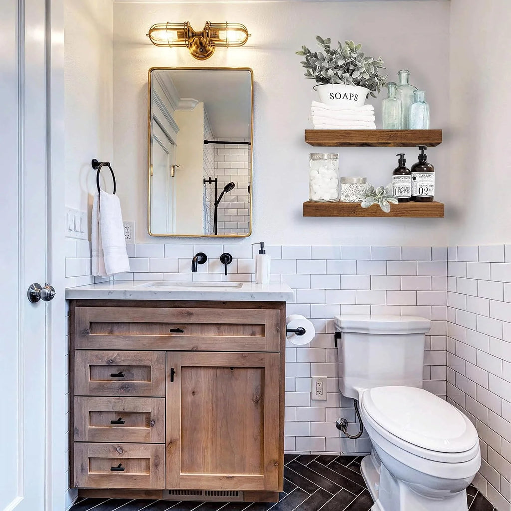 Bathroom Floating Shelves for Wall Mounted Shelf over Toilet Farmhouse Home Decor Display Shelving Small 16 Inch Set of 2, Rustic Brown