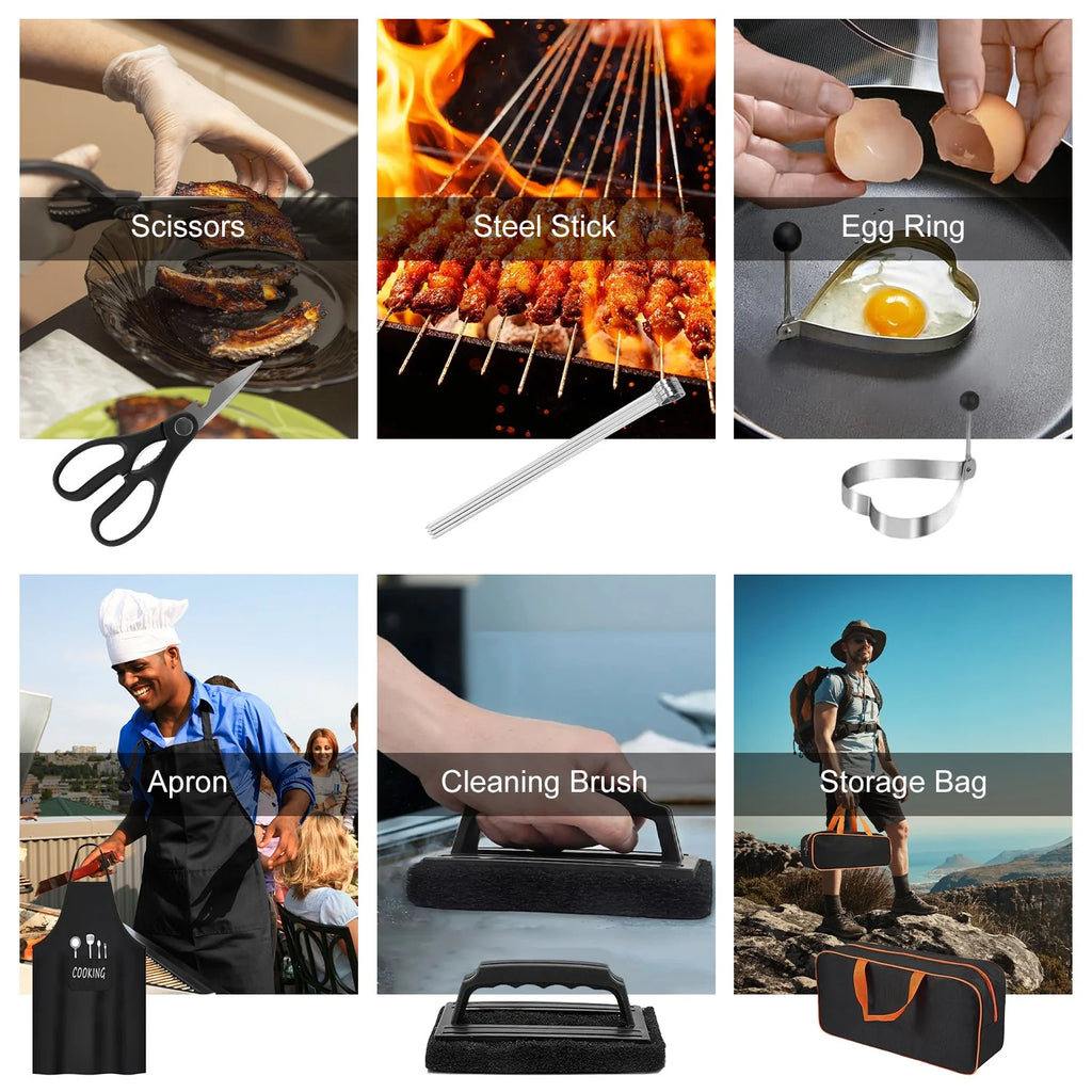 31Pcs Griddle Accessories Kit Flat Top Grill Accessories for Camp Chef with Spatulas Griddle Press Basting Cover Spice Shakers Vegetable Forks Steel Sticks Egg Rings Storage Bag