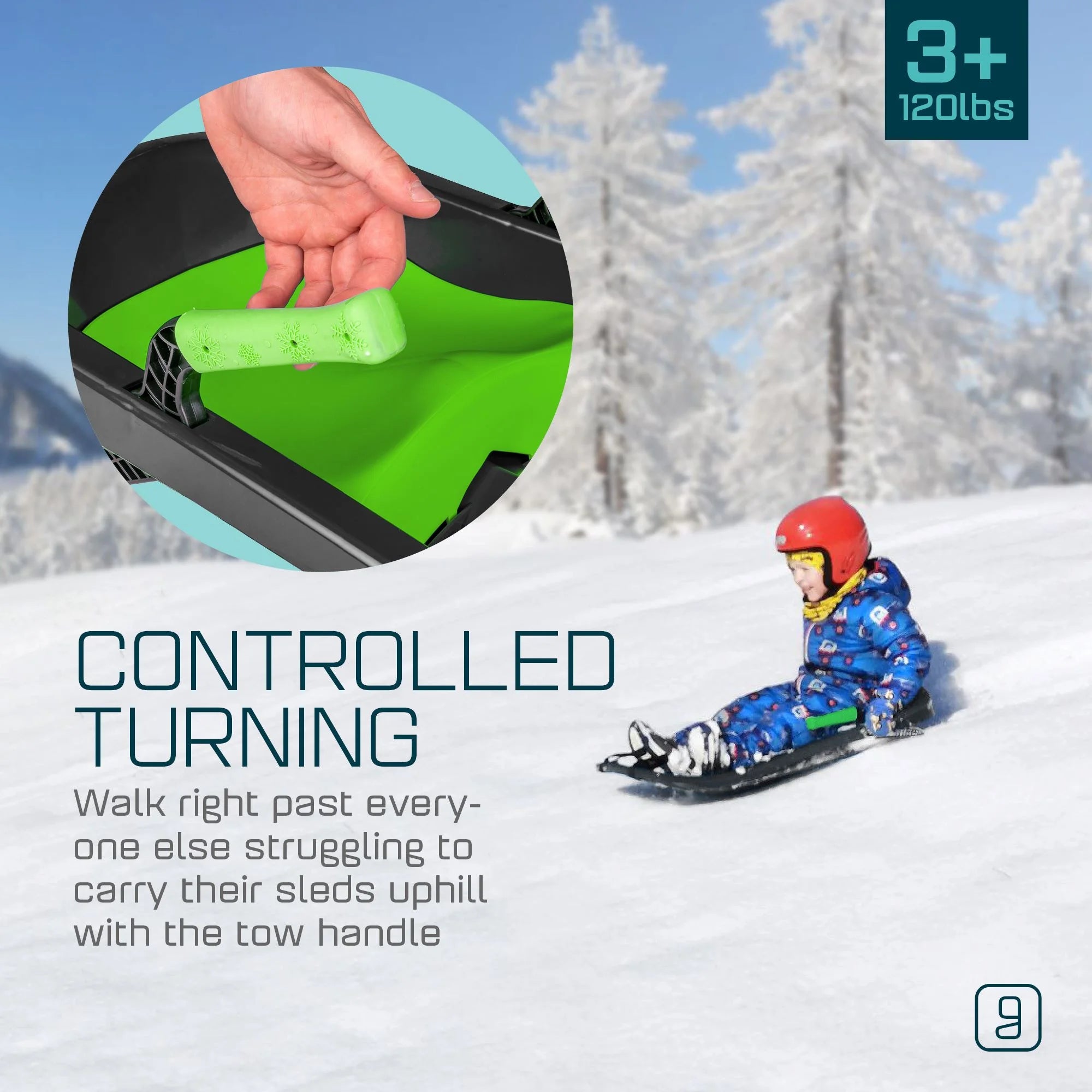Gizmo Tron Mystic Green, Sitting Snow Sled with Hand Brakes, 120 Lbs , for Kids Ages 3+