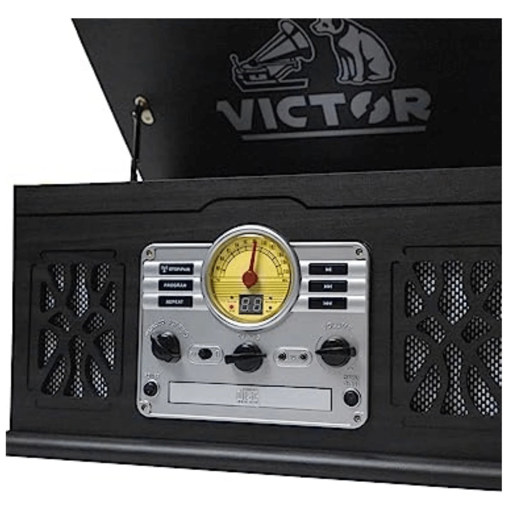 Victor State 7-In-1 Wood Music Center with 3-Speed Turntable and Dual Bluetooth