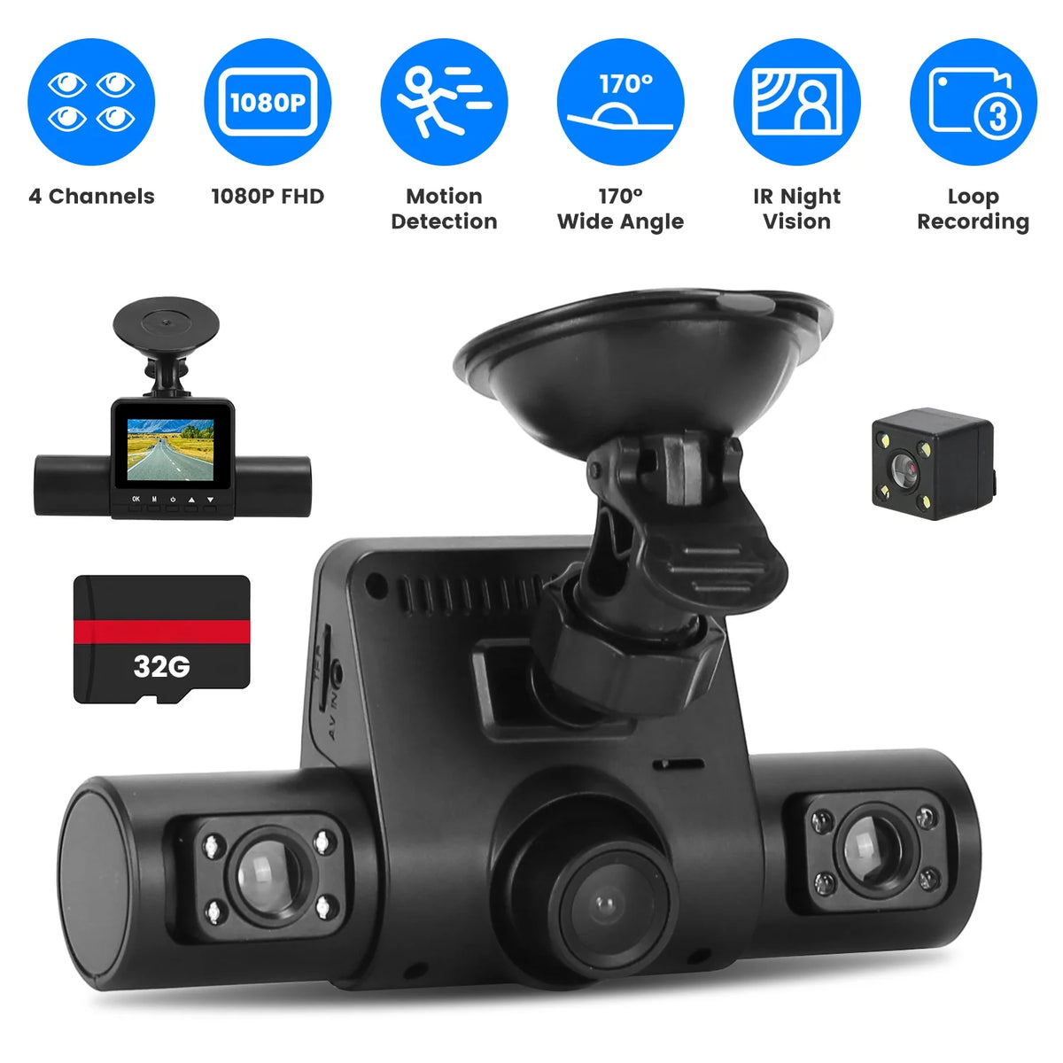 1Pc 360 Degree View FHD 4 Channel Dash Cam 1080P Front 480P Rear Left Right inside Dash Camera with IR Night Vision Loop Recording Motion Detection Free 32GB MMC Card
