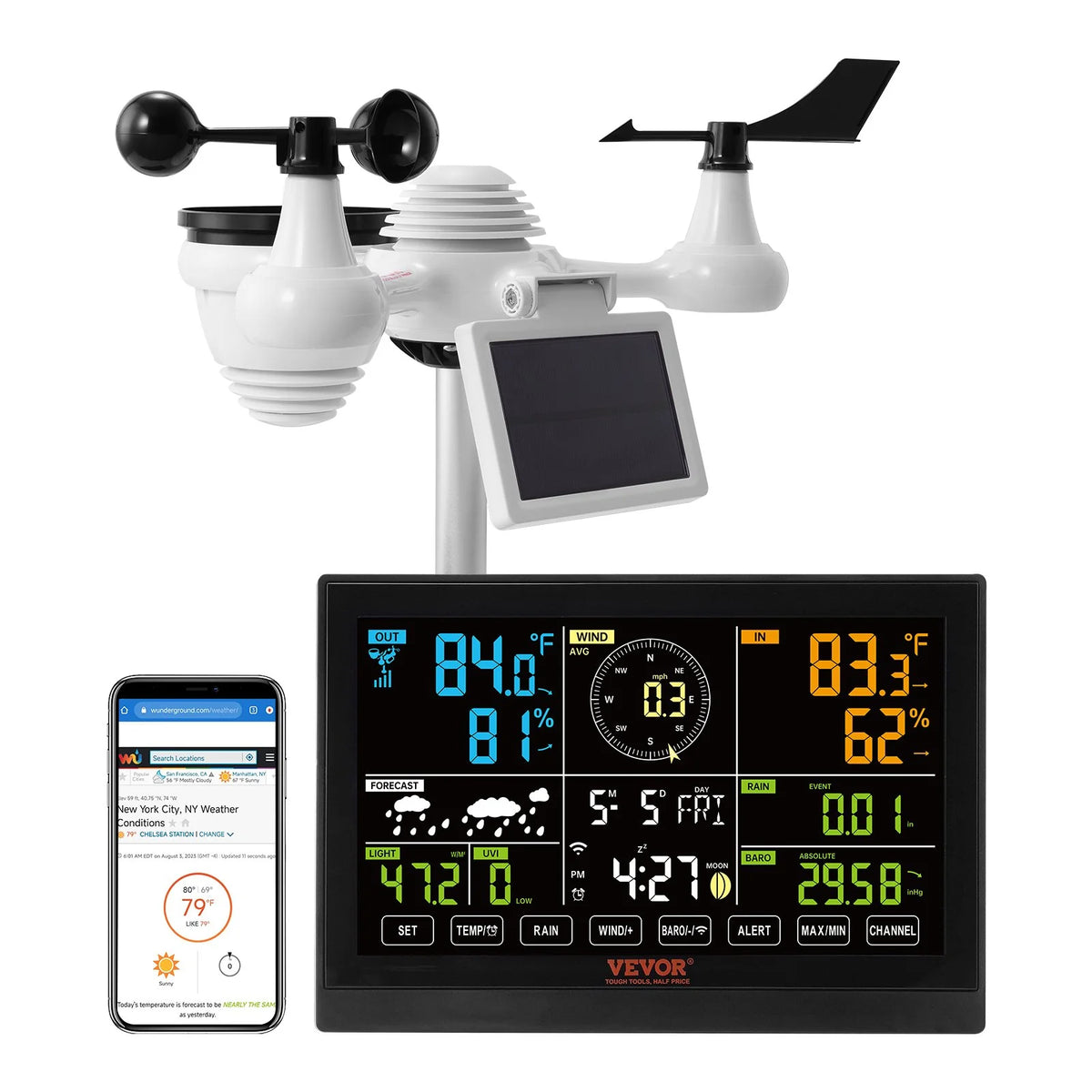 VEVOR 7-In-1 Wi-Fi Weather Station, 7.5 in Color Display, Home Weather Station Indoor Outdoor, with Solar Wireless Outdoor Sensor Alarm Alerts, for Temperature Humidity Wind Speed/Direction Rain