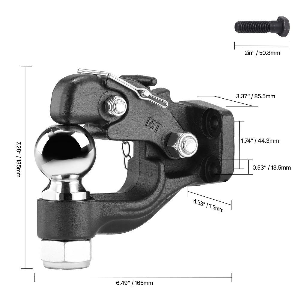 Pintle Hook, 30000 Lbs Towing Capacity, Trailer Hitches Receiver Hook Combination 2-5/16-Inch Hitch Ball, Fits 2.5 to 3-Inch Lunette Ring with Mounting Kit, Wear-Resistant, Black Powder Coat