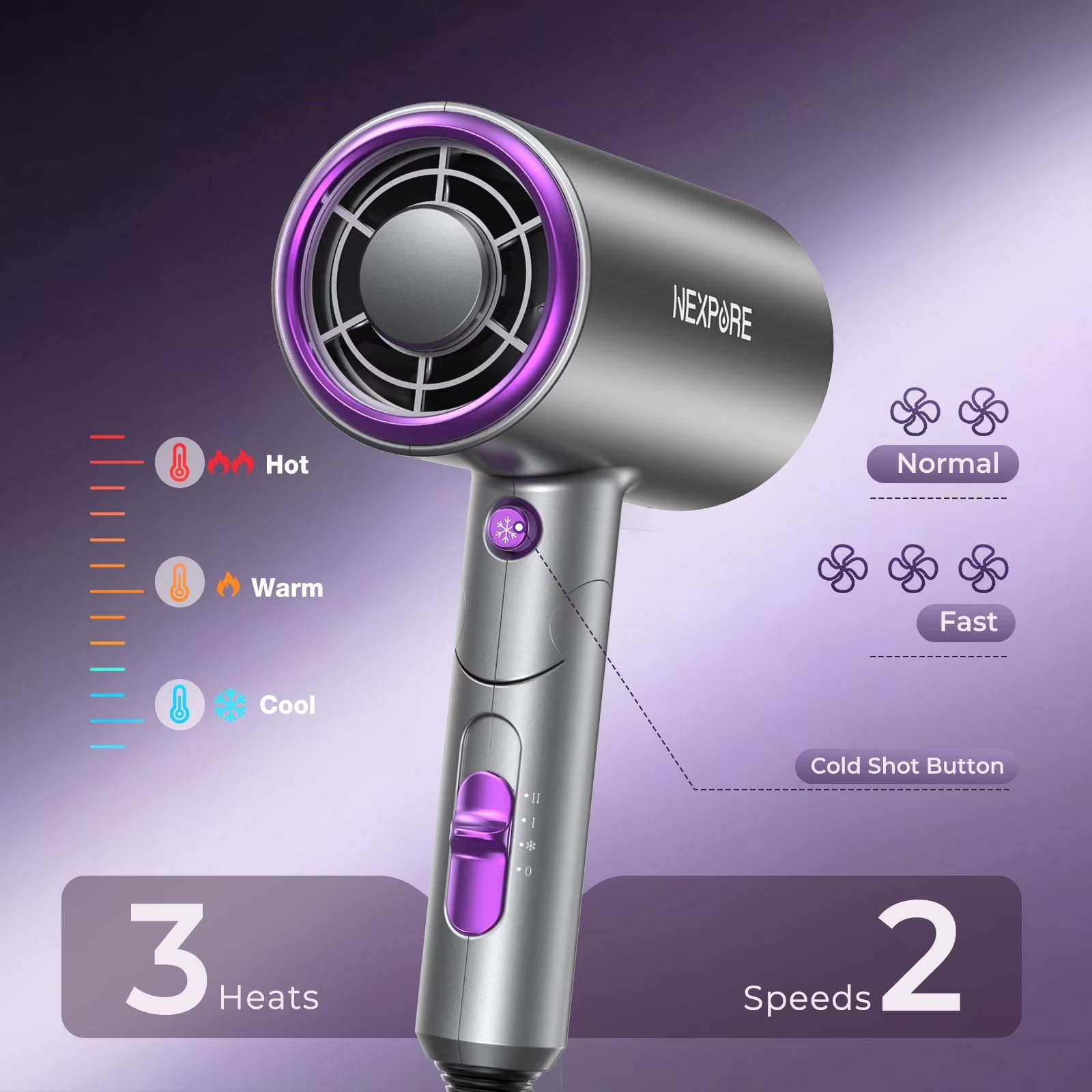 Professional Ionic Hair Dryer, 2000W Powerful Blow Dryer with Diffuser and Concentrator, for Home and Travel Use, Purple