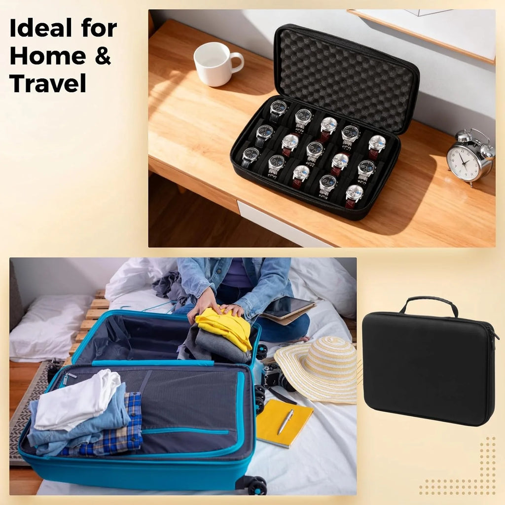Portable 15-Slot Watch Storage Case with Hard PVC Shell and Soft Sponge Cushions