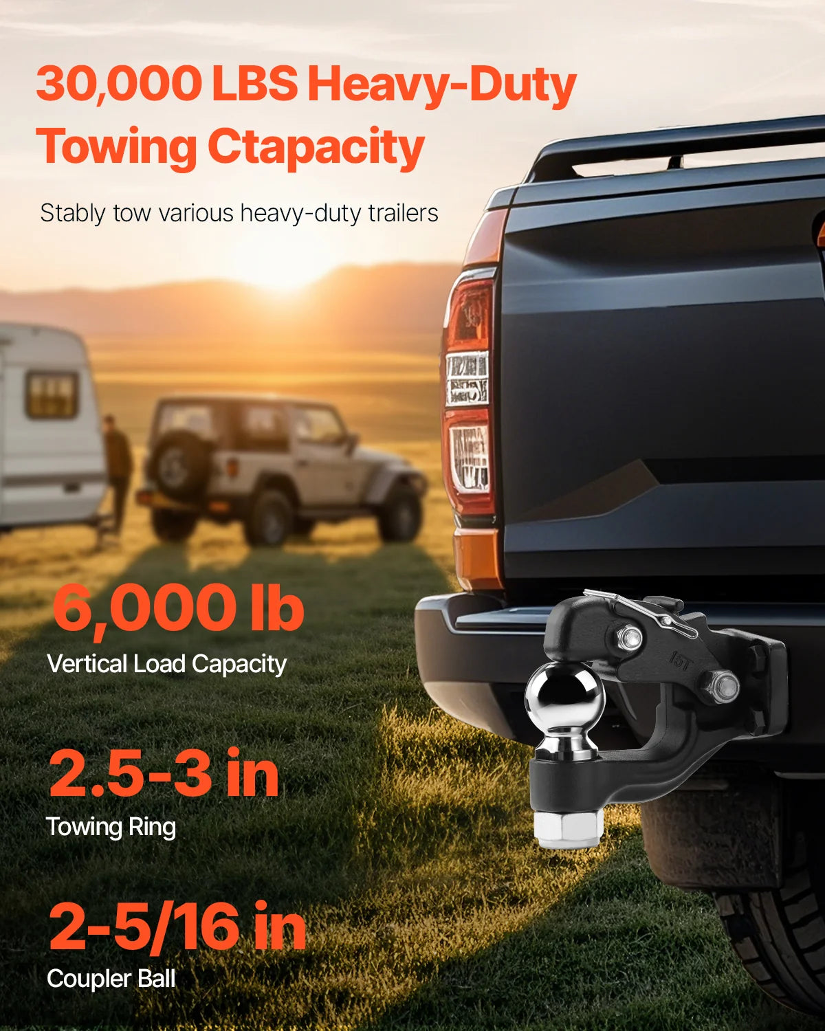 Pintle Hook, 30000 Lbs Towing Capacity, Trailer Hitches Receiver Hook Combination 2-5/16-Inch Hitch Ball, Fits 2.5 to 3-Inch Lunette Ring with Mounting Kit, Wear-Resistant, Black Powder Coat