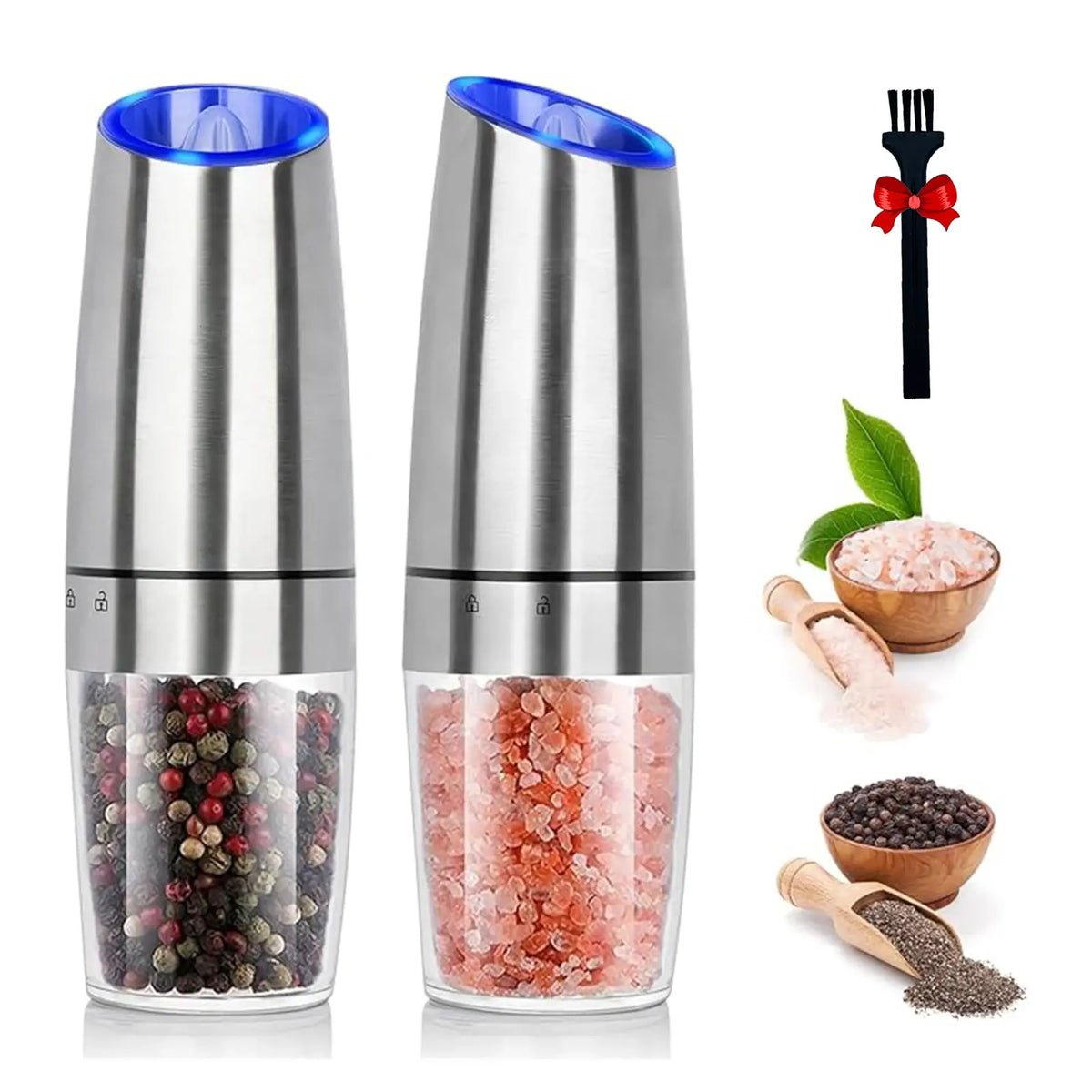 1Pc/2Pcs, Gravity Electric Salt and Pepper Grinder - Salt & Pepper Mill Sets with LED Light, One Hand Automatic Operation, Adjus