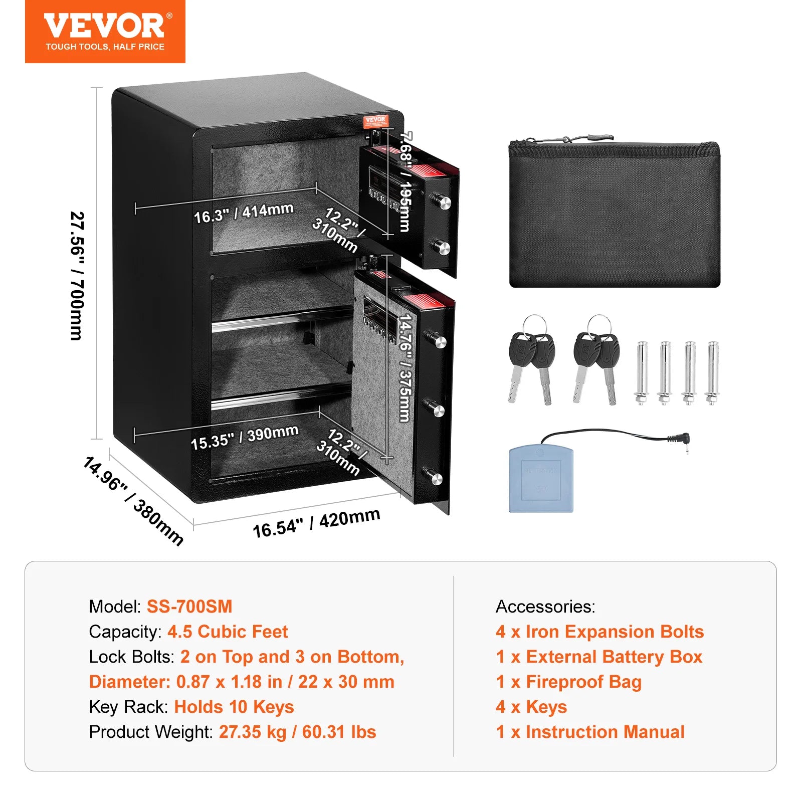 Succebuy Single/Double Door Safe Box with Key Lock Password & Fingerprint Safe Lock Box with Fireproof Bag Key Rack & LED Light