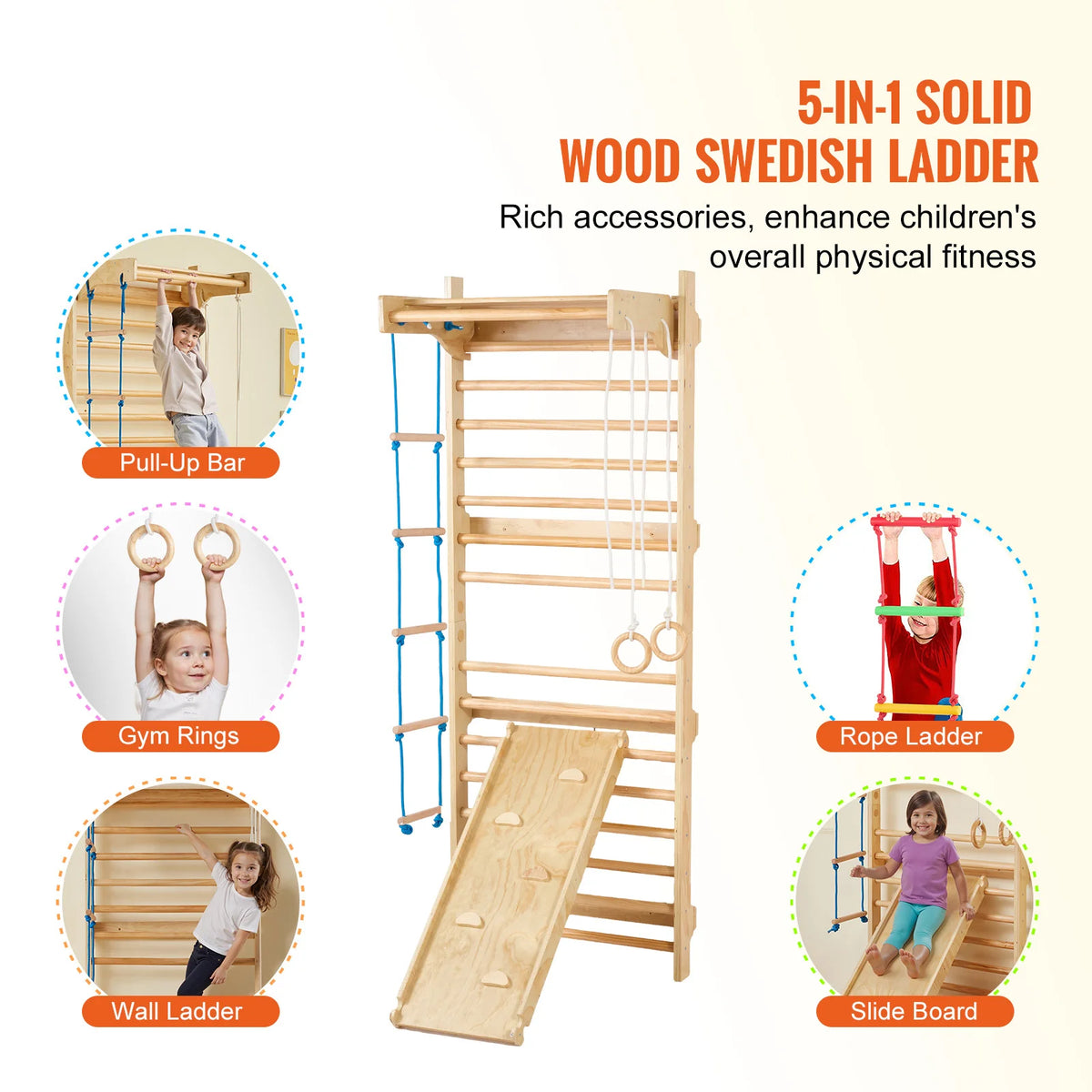 Swedish Ladder Wall Gym, 5 in 1 Wooden Indoor Playground Climbing Toys, 220 Lbs Load Capacity Swedish Wall Ladder with Pull-Up Bar, Gymnastic Rings, Wall Ladder, Rope Ladder, and Slide Board
