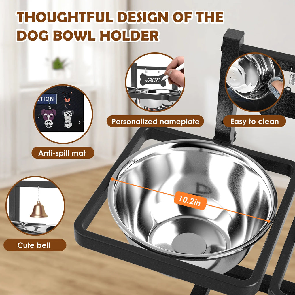 6 Height Adjustable Dog Bowl Stand with Three 1.7L Stainless Steel Bowl, 1 Slow Feeder and Nonslip Pad, Perfect for Large Dogs and Multi-Pet Households