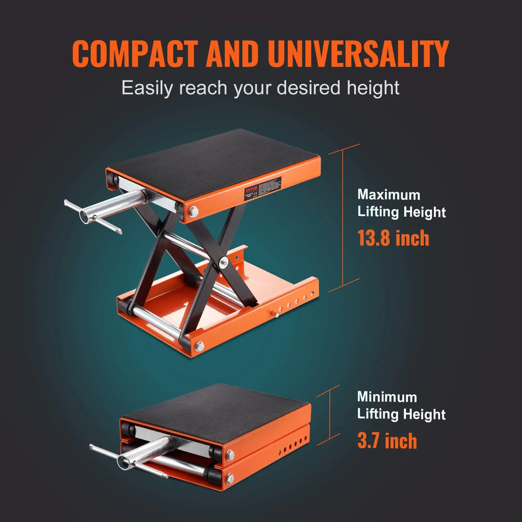 VEVOR Motorcycle Lift, 1100 LBS Motorcycle Scissor Lift Jack with Wide Deck & Safety Pin, 3.7-13.8 Center Hoist Crank Stand, Steel Scissor Jack for Street Bikes, Cruiser Bikes, Touring Motorcycles