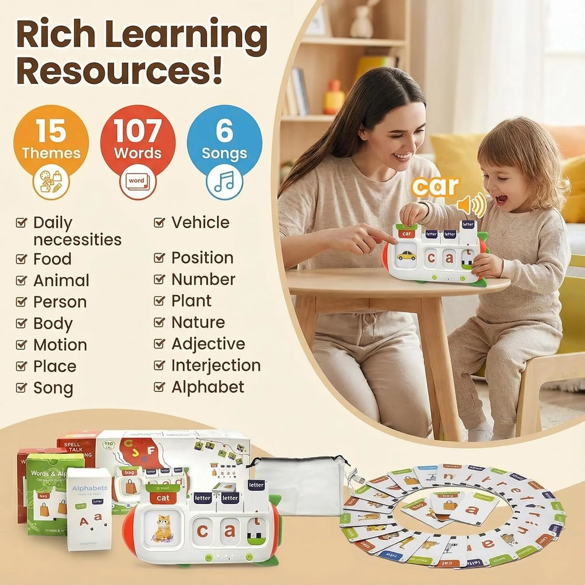 Talking Flash Cards for Toddlers,Montessori Toys for Autism,107 Sight Words,Alphabet CVC Learning Toy,Speak and Spell Phonics Games for Kindergarten,Educational Birthday Gift for Kids 2-8