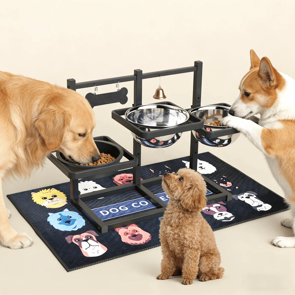 6 Height Adjustable Dog Bowl Stand with Three 1.7L Stainless Steel Bowl, 1 Slow Feeder and Nonslip Pad, Perfect for Large Dogs and Multi-Pet Households
