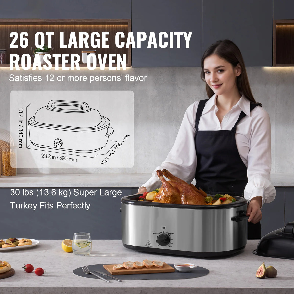 Electric Roaster Oven, 26 QT Turkey Roaster Oven with Self-Basting Lid, 1450W Roaster Oven with Defrost & Warm Function, Adjustable Temperature, Removable Pan & Rack, Fits Turkeys up to 30LBS