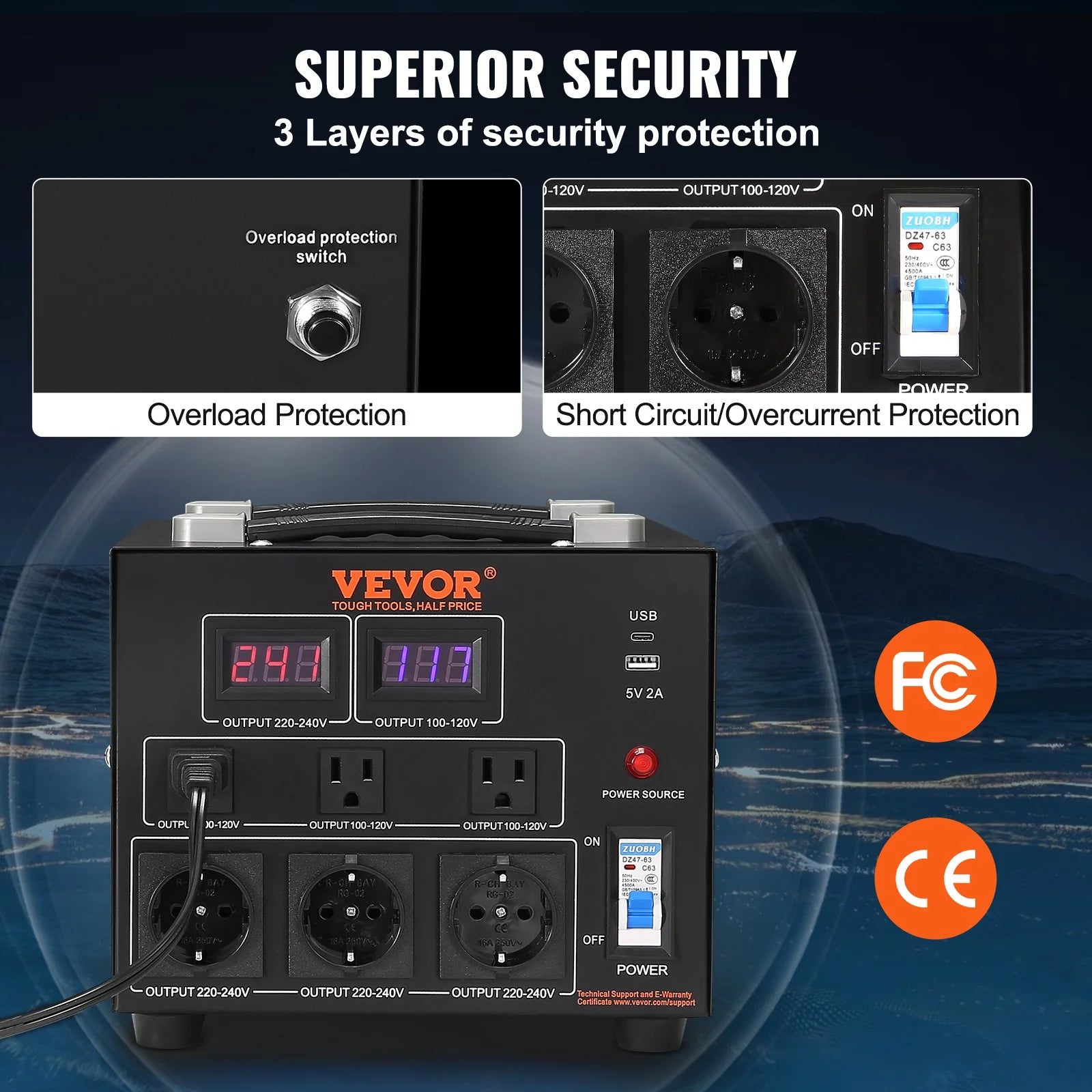 VEVOR Voltage Converter Transformer, 5000W, Heavy Duty Step Up/Down Transformer, Convert from 110 Volt to 220 Volt and from 220 Volt to 110 Volt, with US Outlet EU Outlet 5V USB Port, CE Certified