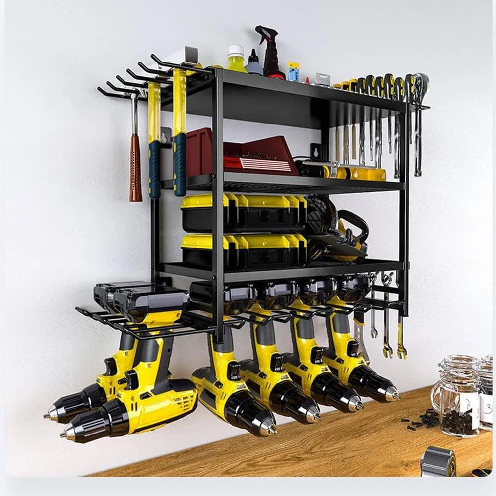 Power Tool Organizer 4 Layer Wall Mounted Storage Rack with Hooks Heavy-Duty Drill Holder Garage Tools Storage Rack for Workshop