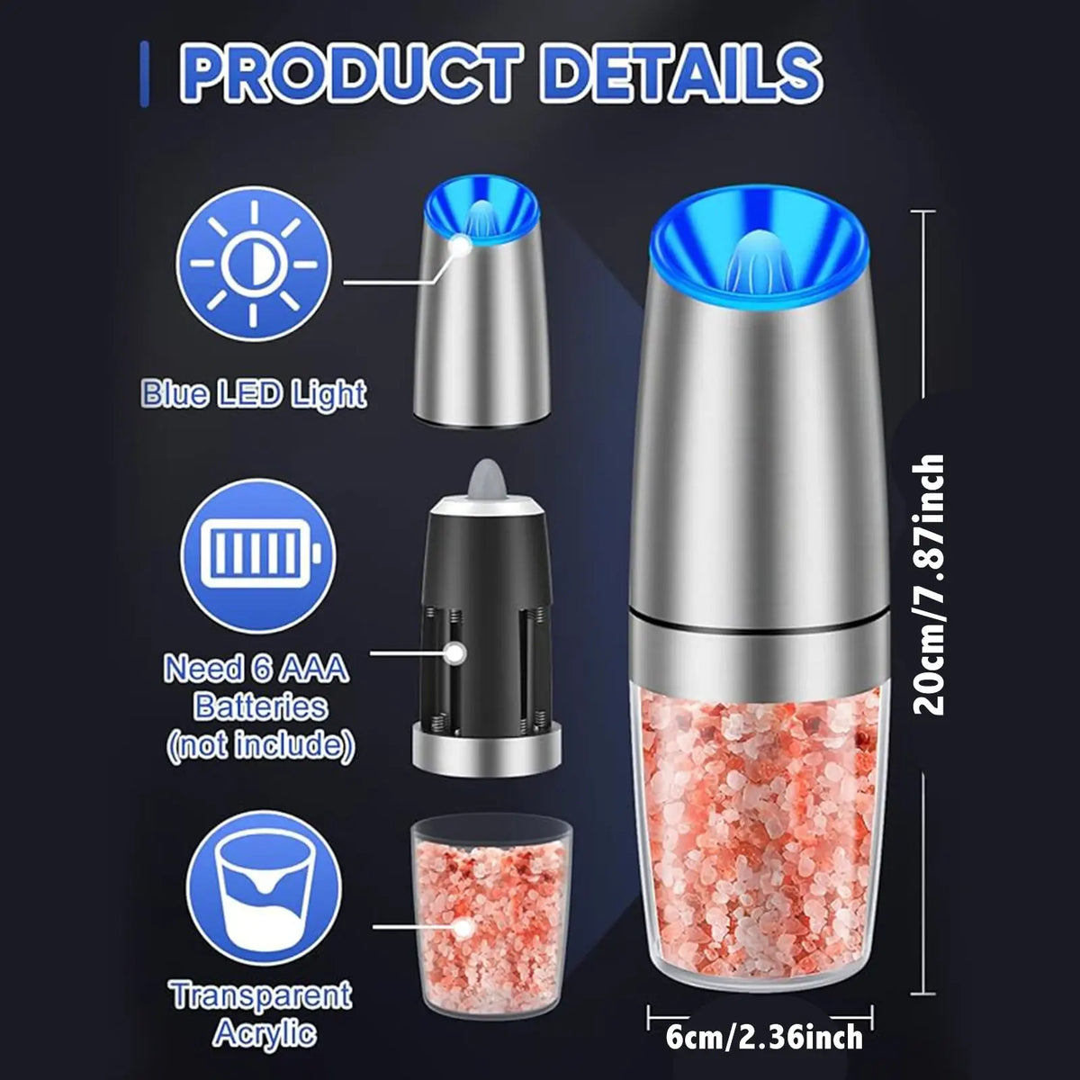1Pc/2Pcs, Gravity Electric Salt and Pepper Grinder - Salt & Pepper Mill Sets with LED Light, One Hand Automatic Operation, Adjus