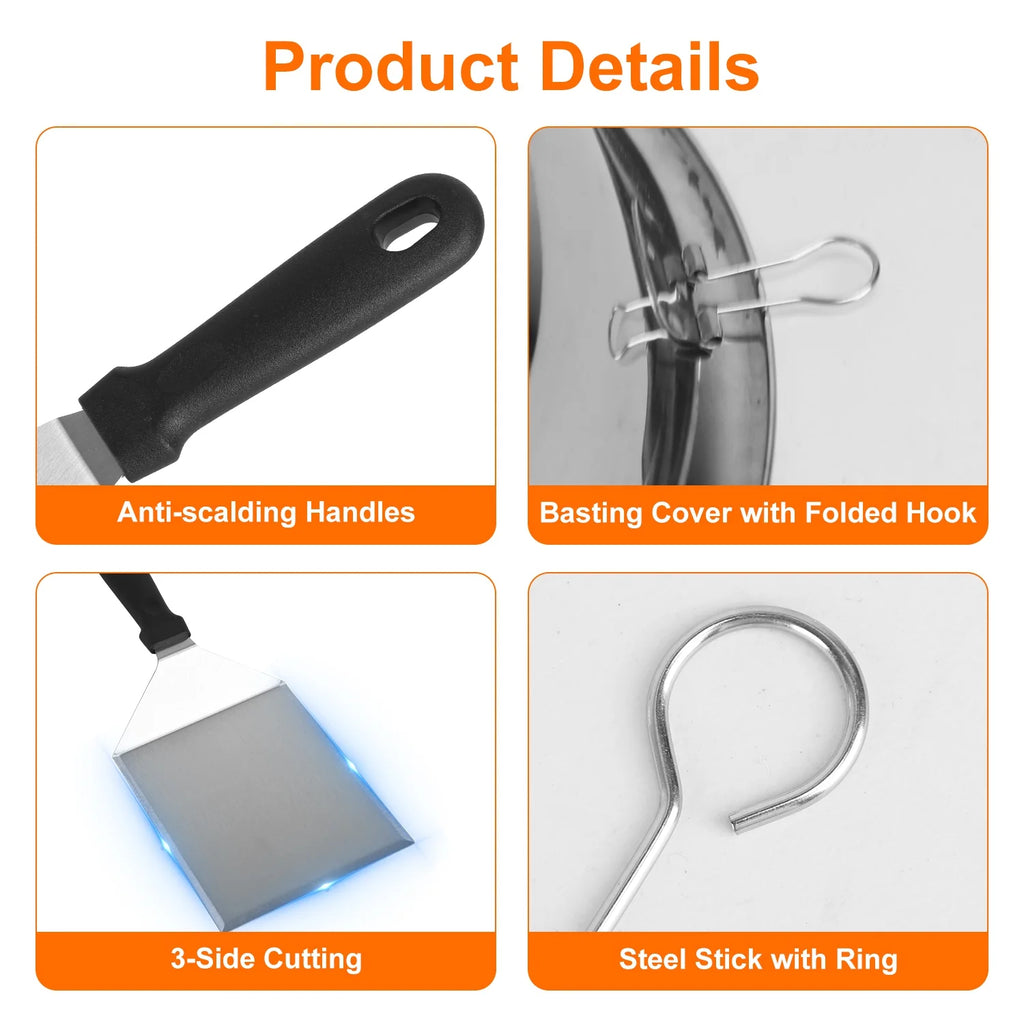 31Pcs Griddle Accessories Kit Flat Top Grill Accessories for Camp Chef with Spatulas Griddle Press Basting Cover Spice Shakers Vegetable Forks Steel Sticks Egg Rings Storage Bag