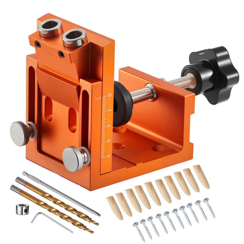 Pocket Hole Jig Kit, 0.47 to 1.89 in Adjustable, Jig Pocket Hole System with Step Drill, Hex Wrench, Drill Stop Ring, Square Drive Bit, Plugs and Screws, Reinforced Metal Frame, for Woodworking