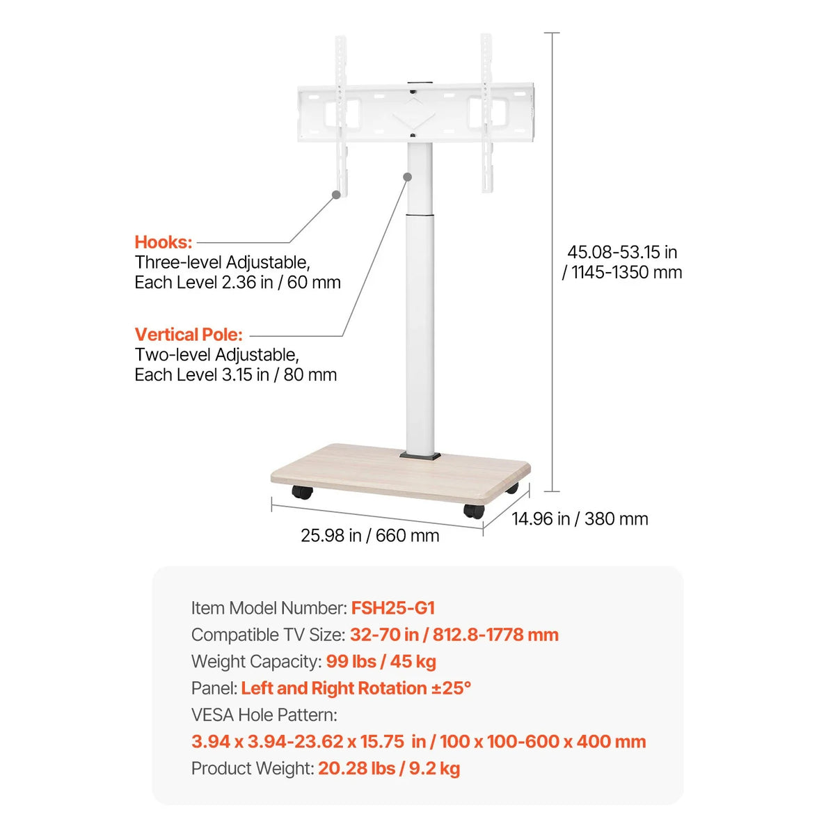 Succebuy Rolling TV Stand Mobile TV Cart Suit for Various Sizes TV Portable TV Stand with Wheels for Living Room Bedroom Office