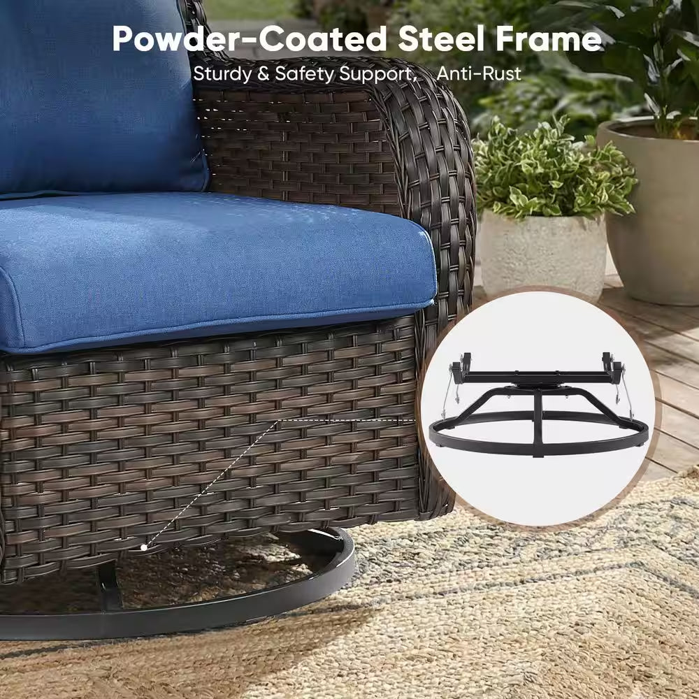 Carolina Brown Swivel Rocking Wicker Outdoor Lounge Chair with Blue Cushions with Ottomans
