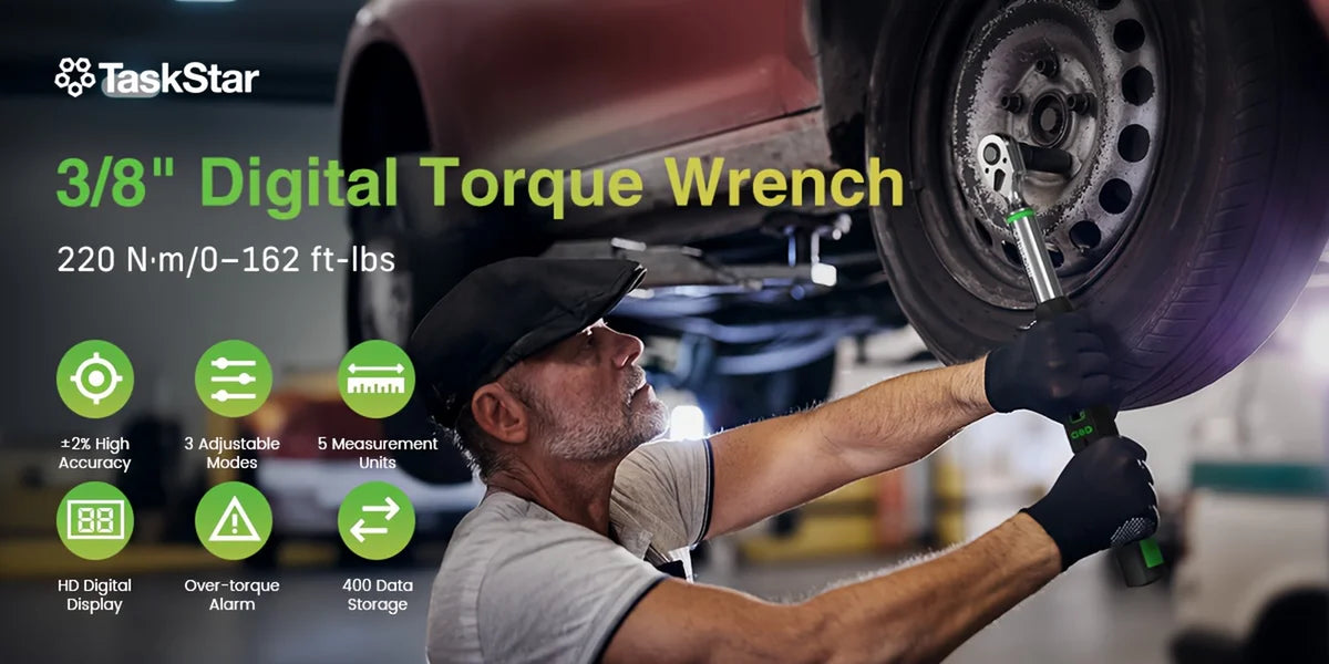 Taskstar 3/8-Inch Digital Torque Wrench with 1/4"&1/2" Adapter, Bidirectional Ratchet Head, ±2% Accuracy Electronic Torque Wrench(0-162Ft-Lbs/0-220N.M), Handheld Wrench Kit for Bicycle/Car/Motorcycle Care, 5 Units of Measure