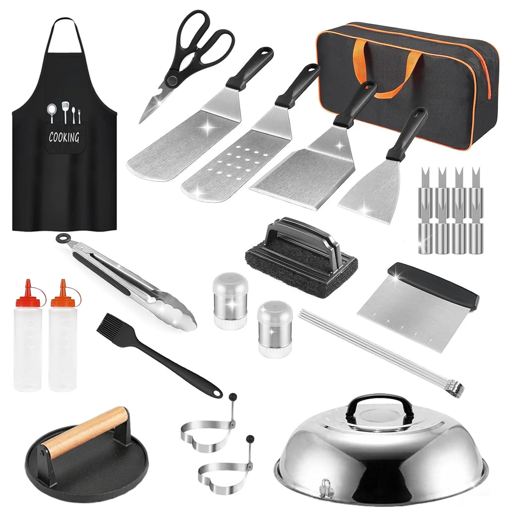 31Pcs Griddle Accessories Kit Flat Top Grill Accessories for Camp Chef with Spatulas Griddle Press Basting Cover Spice Shakers Vegetable Forks Steel Sticks Egg Rings Storage Bag