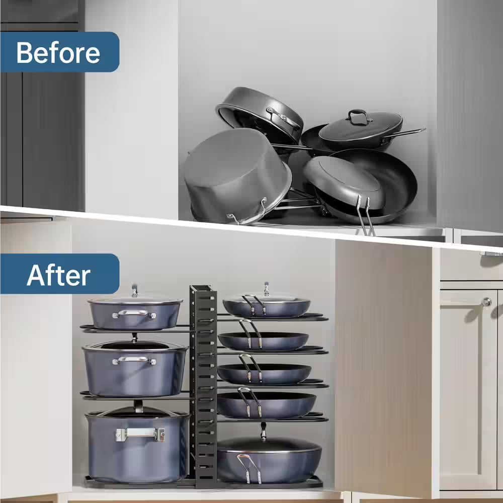 8-Tier 14.96 In. H Black Adjustable Standing Pot Rack, Pots and Pans Organizer, Kitchen Organizers and Storage