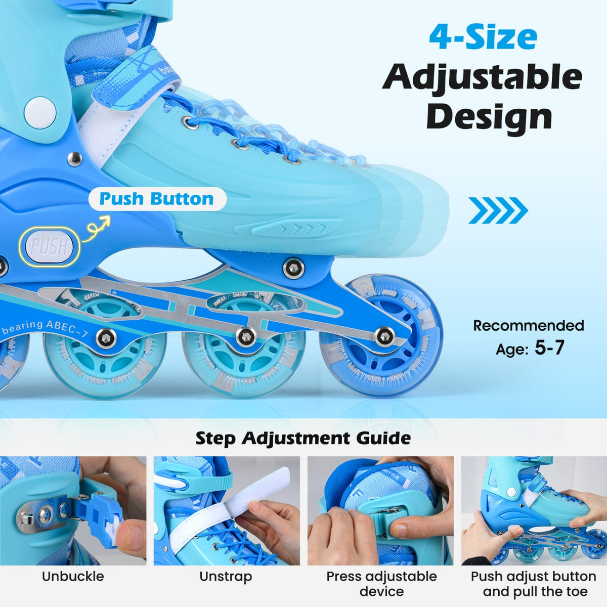4-Size Adjustable Light-Up Inline Skates for Toddlers Ages 5-7