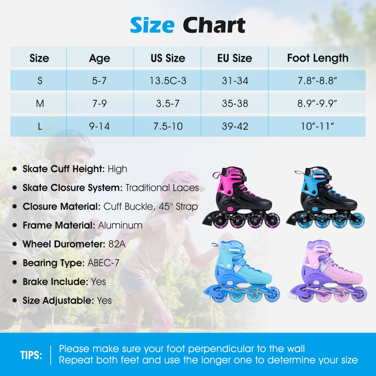 4-Size Adjustable Light-Up Inline Skates for Toddlers Ages 5-7