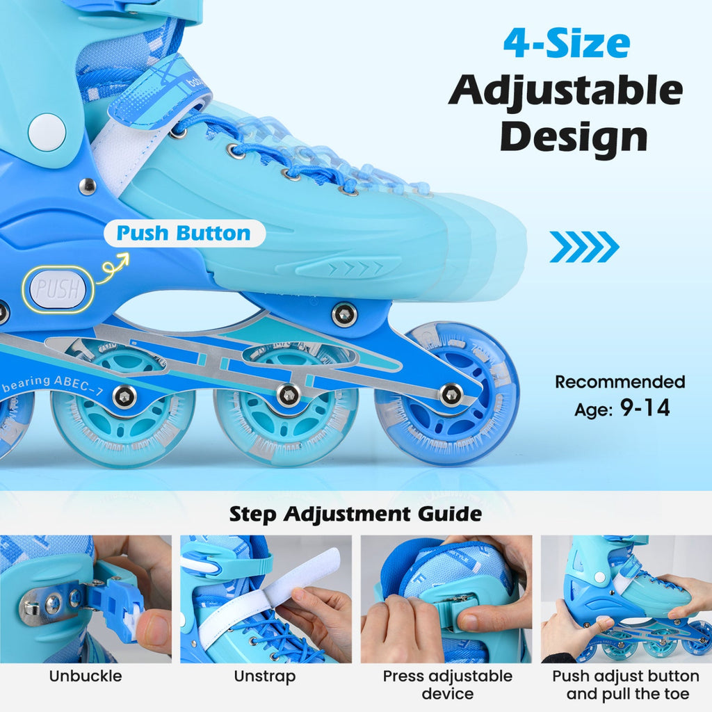4-Size Adjustable Light-Up Kids Inline Skates for Kids Ages 9-14
