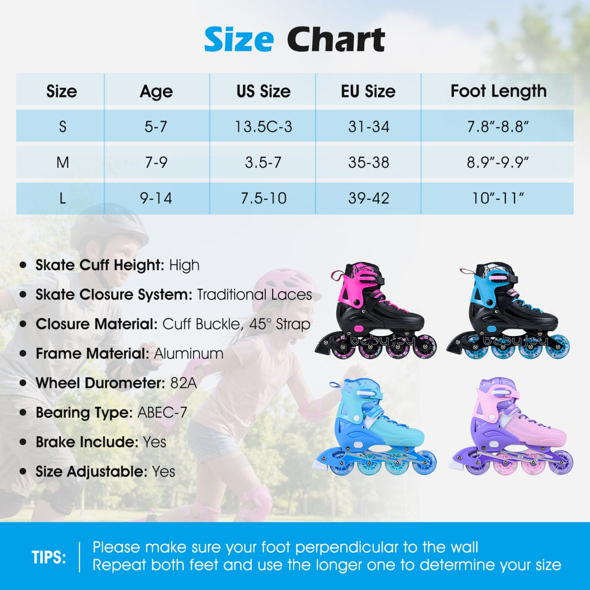 4-Size Adjustable Light-Up Kids Inline Skates for Kids Ages 9-14
